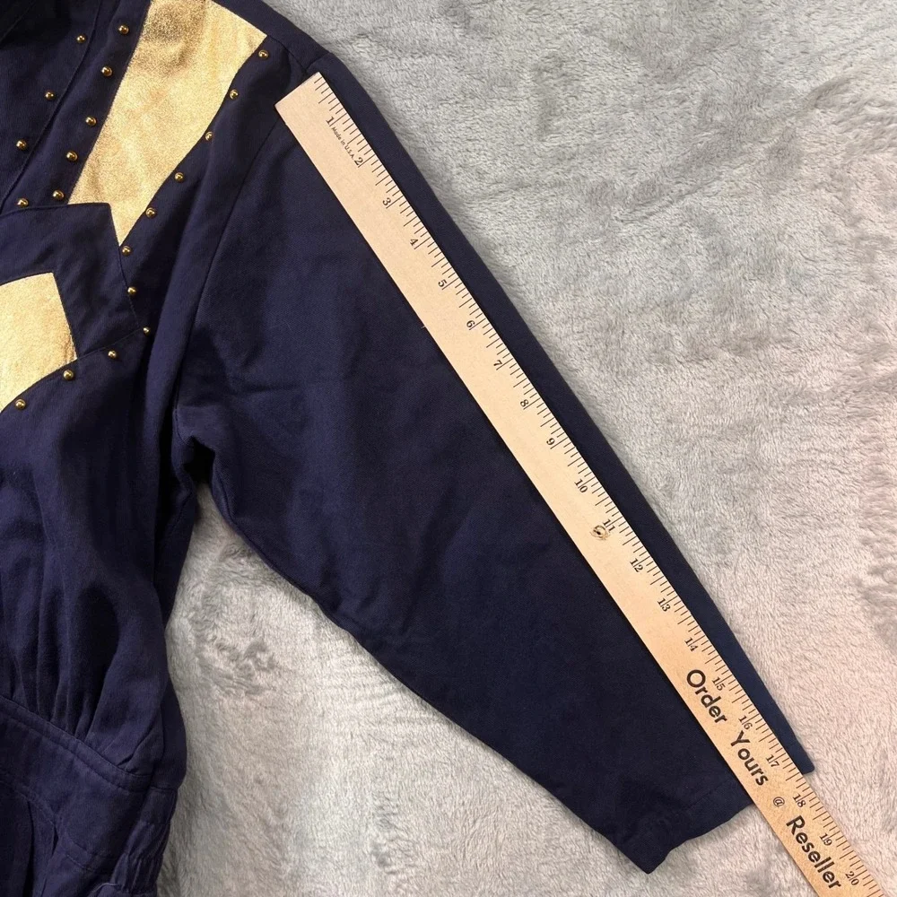 Vintage d.Frank Navy Blue Western Studded Gold Metallic Belted Midi Dress Womens